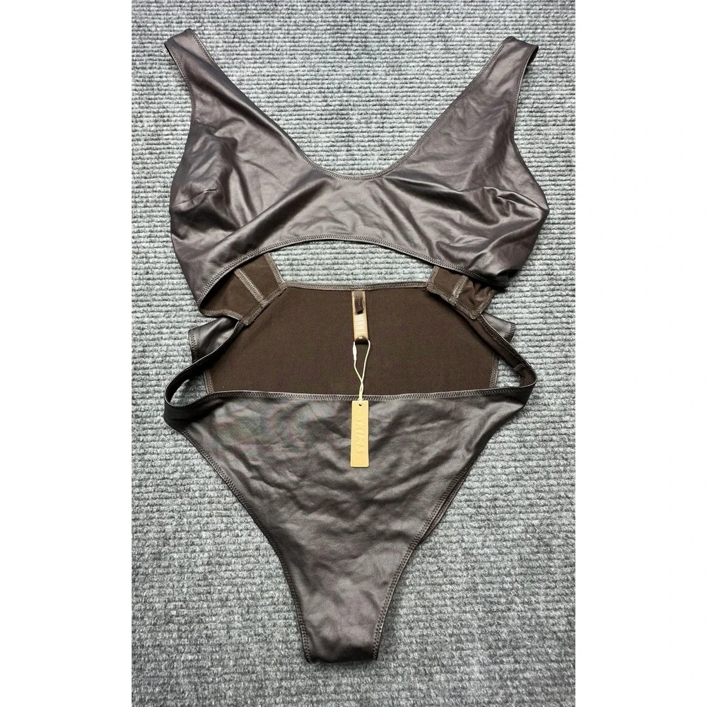 Skims Swimsuit Womens 4XL Cocoa Faux Leather Cutout High Leg‎ One Piece Plus New